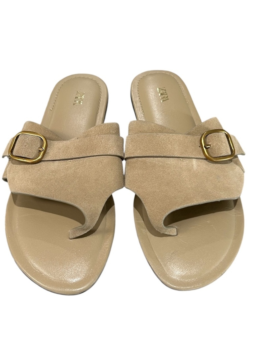 Zara Suede Leather Buckle Sandals In Camel Tan Slip On Size 37 - Picture 5 of 12